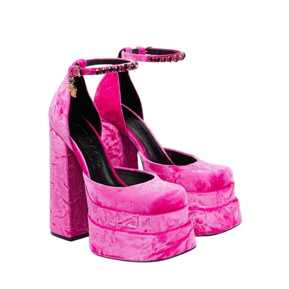 Versace Aevitas 38/ 8 Platform Pink Velvet Shoe Pump Crystal Medusa NWB $1,575 - Picture 1 of 16